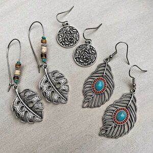 Leaf Drop Earrings Set of Three | Boho Silver Mix